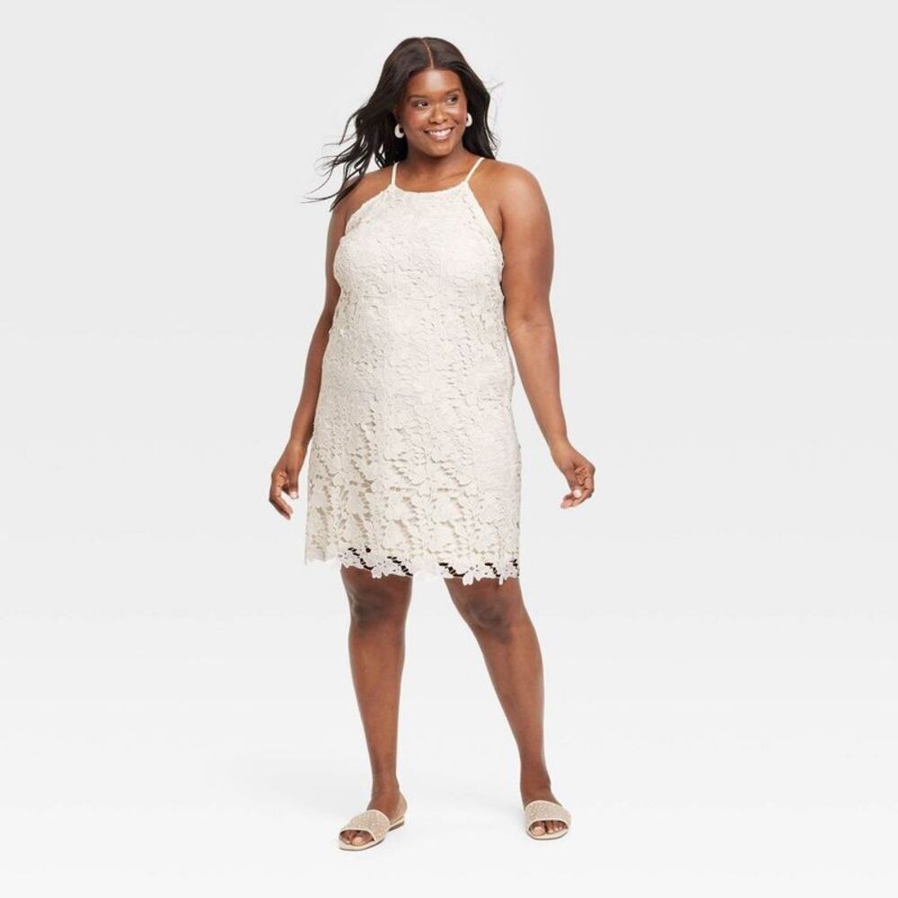Women's Mini Scalloped Lace Dress - A New Day Cream 1X